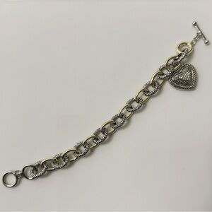 14K Gold Plated Cubic Zirconia Two Tone Pave Heart Charm Woven Bracelet